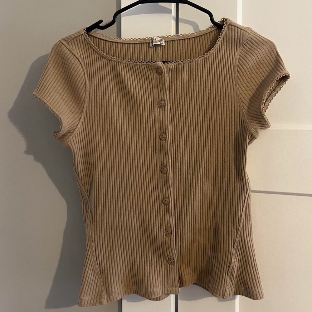Free People Ribbed Button-Front Short Sleeve Top - Tan